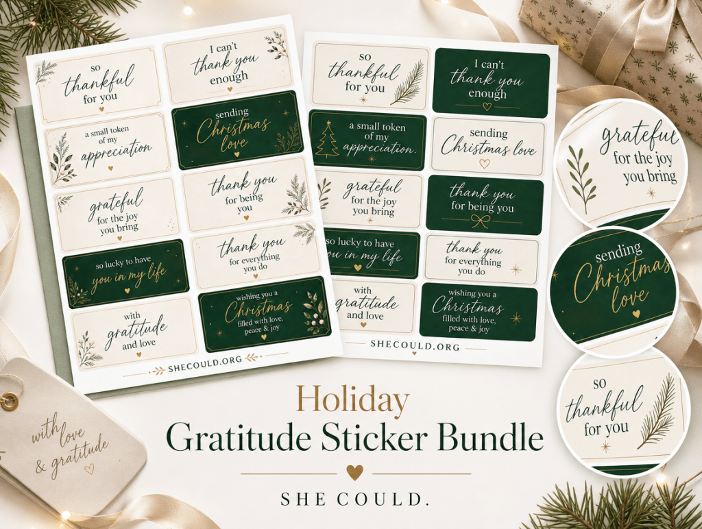 Holiday Gratitude Sticker Bundle, Set of 6 Christmas Thank You Sticker Sheets, Modern Evergreen Gift Label Stickers