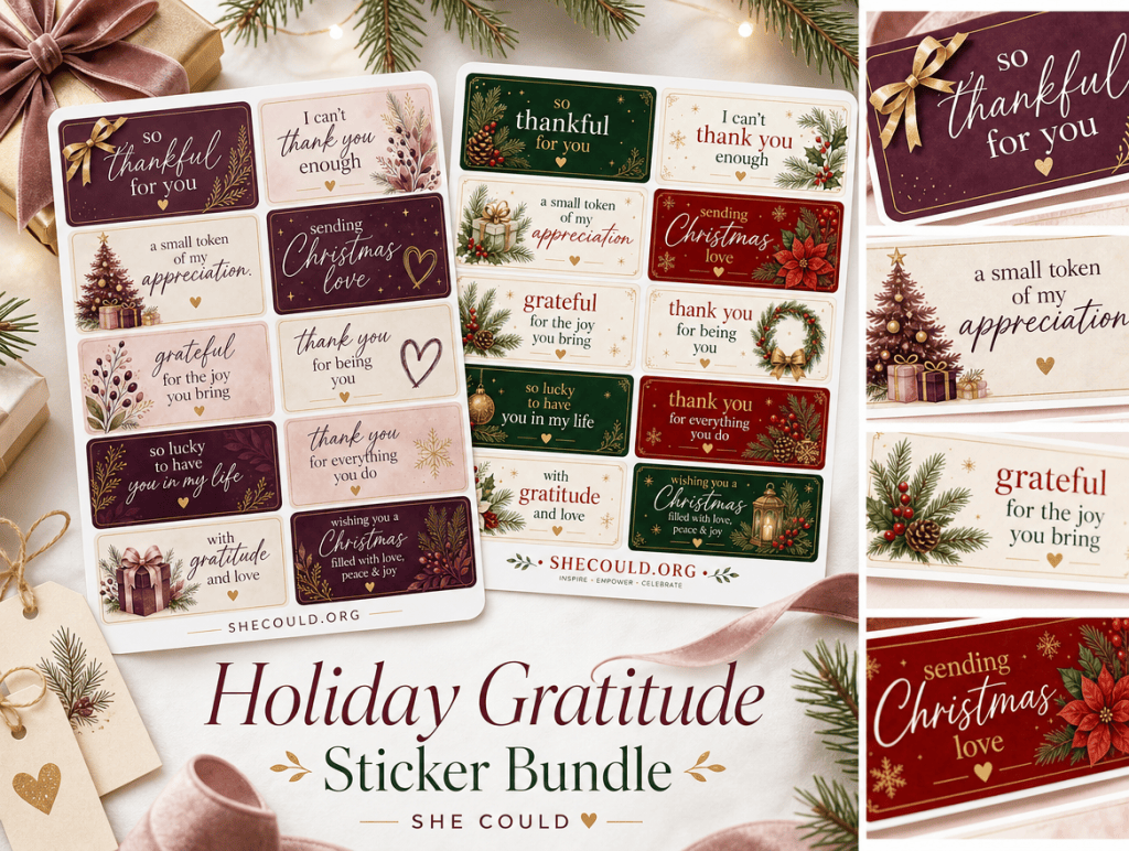 Holiday Gratitude Sticker Bundle, Christmas Thank You Stickers, Gift Tag Stickers, She Could Signature + Classic Red Green, Festive Appreciation Labels