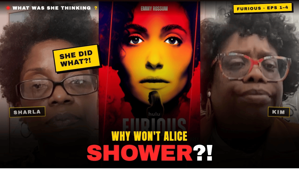 Split image featuring two women with expressive faces reacting to a dramatic title. The center displays a promotional poster for the show 'Furious' with a glowing female figure. Text elements include questions about a character's actions.